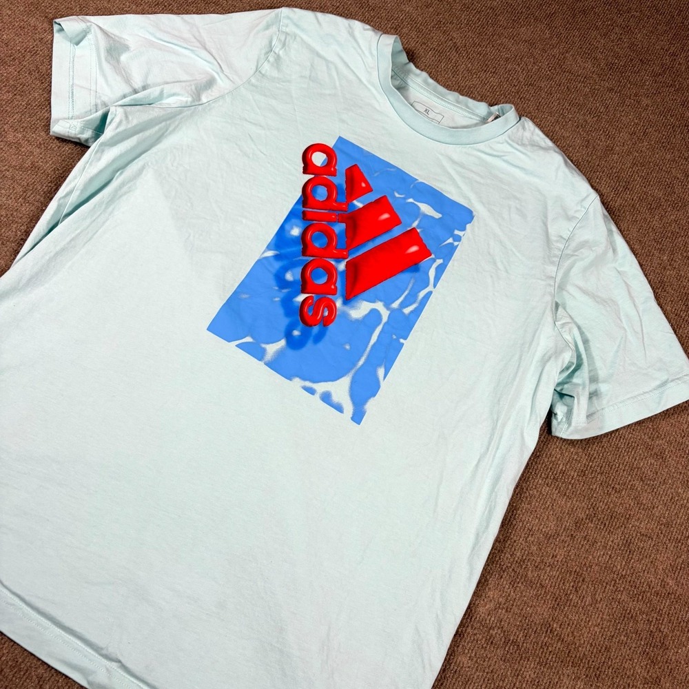 Adidas T-Shirt Mens XL Light Blue Spellout Graphic Classic Casual Wear Crew Neck